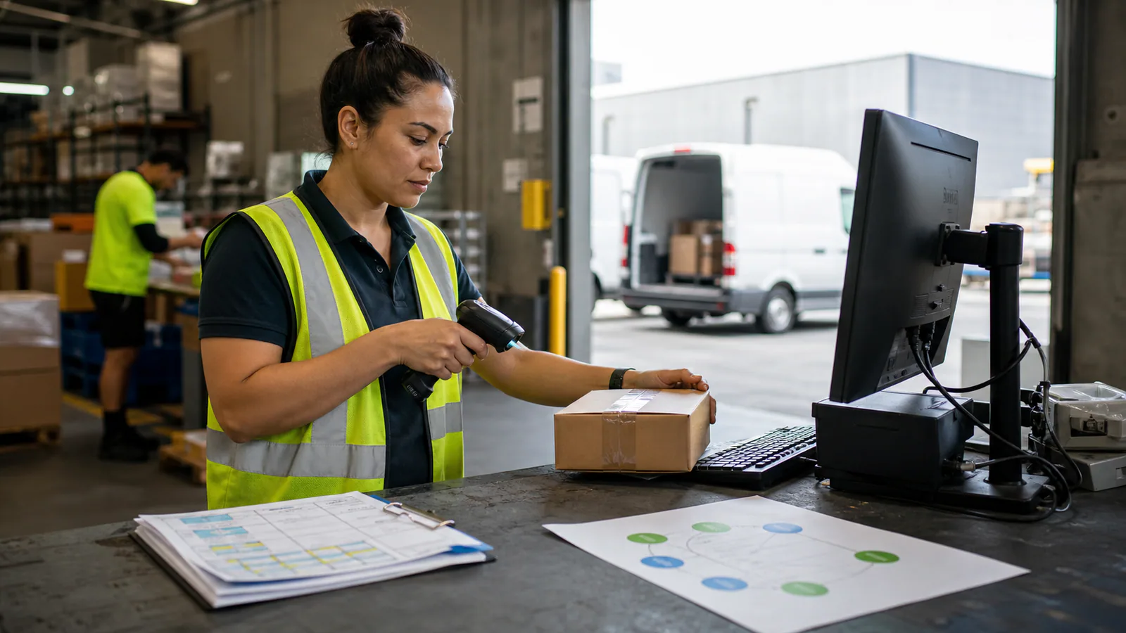 Illustrative editorial scene of a distribution worker performing repetitive scanning and packing at an organised workstation.