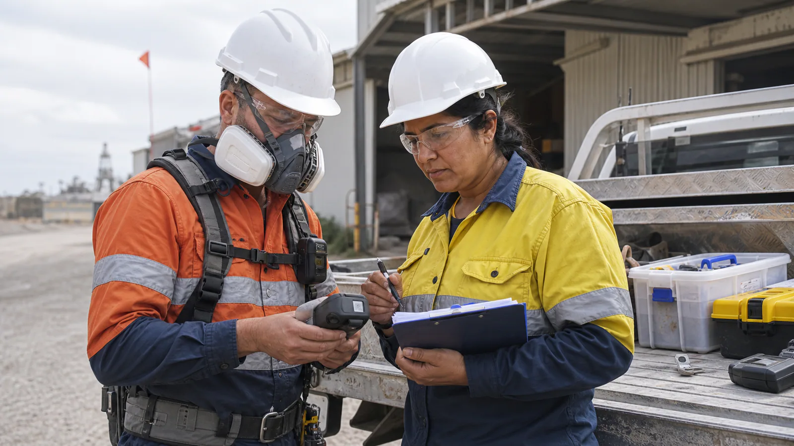 Illustrative editorial scene of an industrial worker and occupational hygienist reviewing dust-monitoring equipment and exposure records.