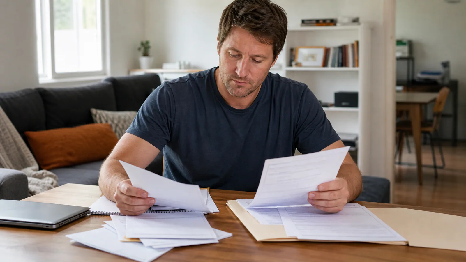 Illustrative editorial scene of a worker who resigned organising claim, medical and final employment records at home.