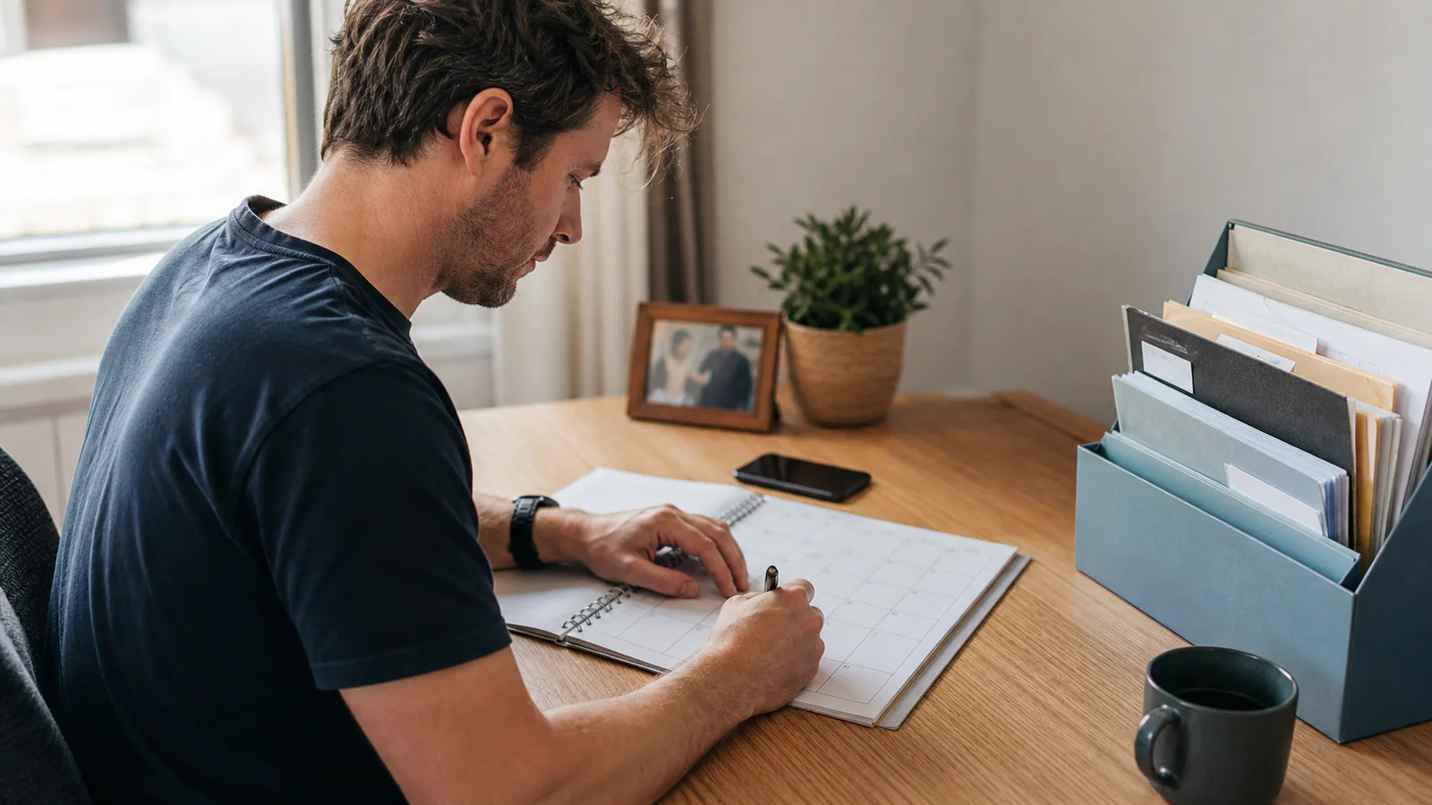 Illustrative editorial scene of a worker tracking unanswered insurer correspondence with a calendar and organised claim file.