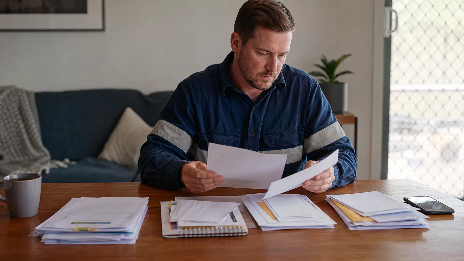 Illustrative editorial scene of a shift worker separating overtime, allowances, bonuses and ordinary wages for a PIAWE review.