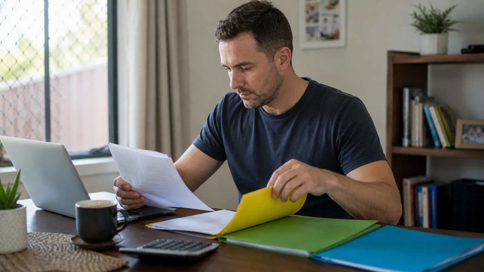 Illustrative editorial scene of a worker separating compensation payment, tax and superannuation records.