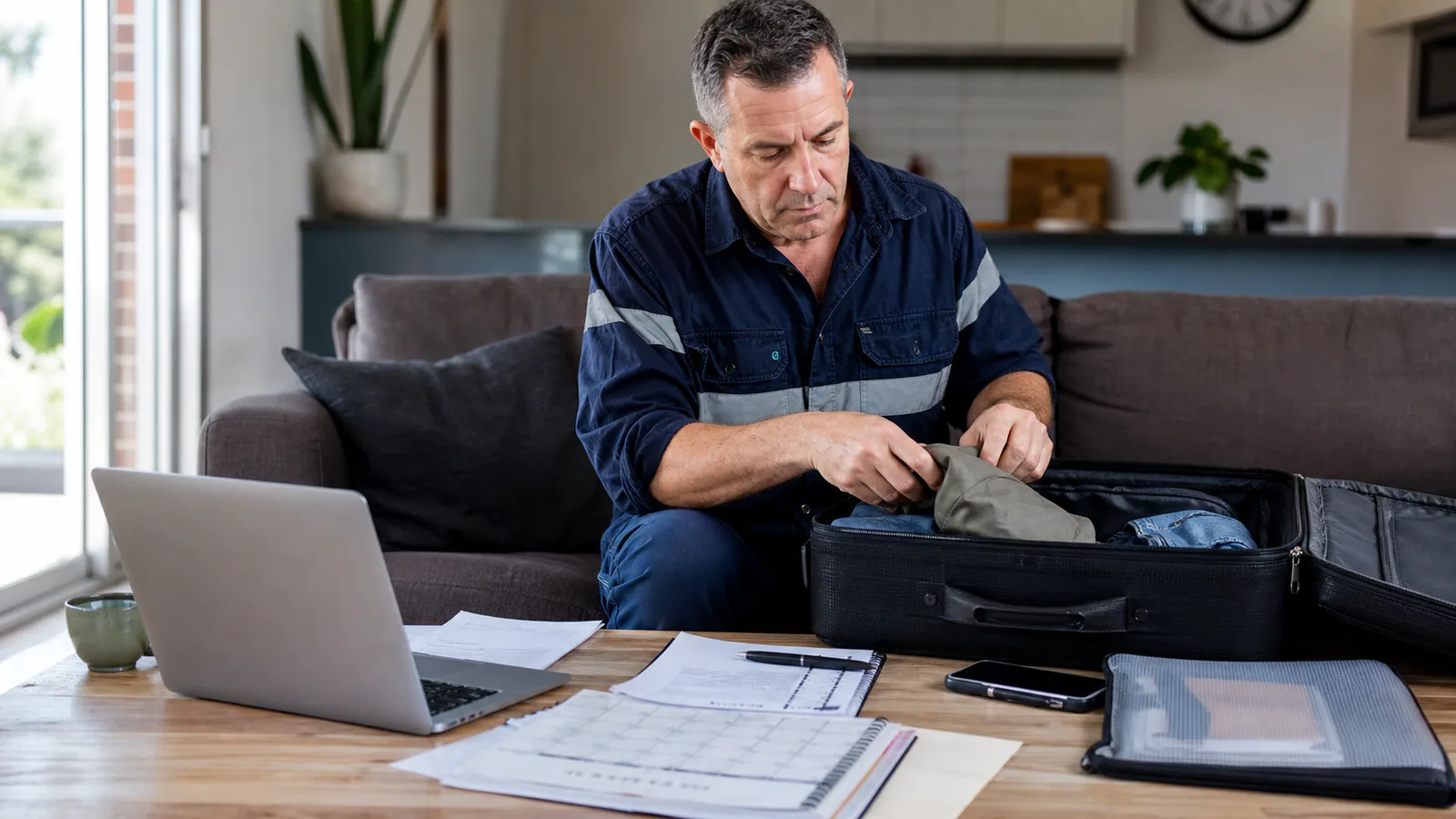 Illustrative editorial scene of a worker preparing to relocate with treatment, insurer and secure claim records.