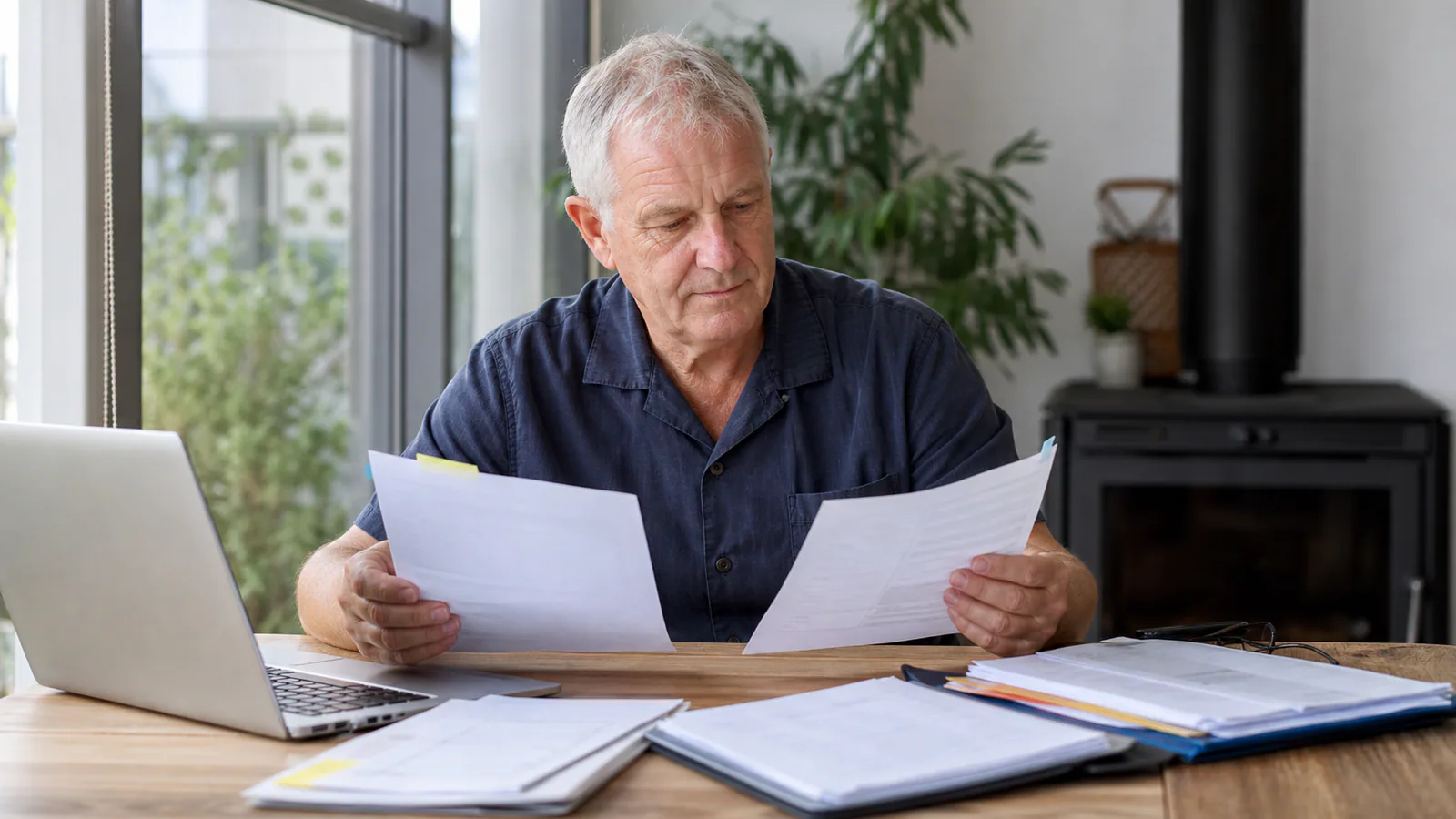 Illustrative editorial scene of an older worker keeping retirement planning separate from compensation and medical records.
