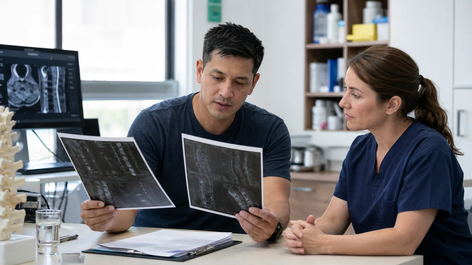 Illustrative editorial scene of a worker comparing two sets of imaging and medical reports during a second-opinion consultation.
