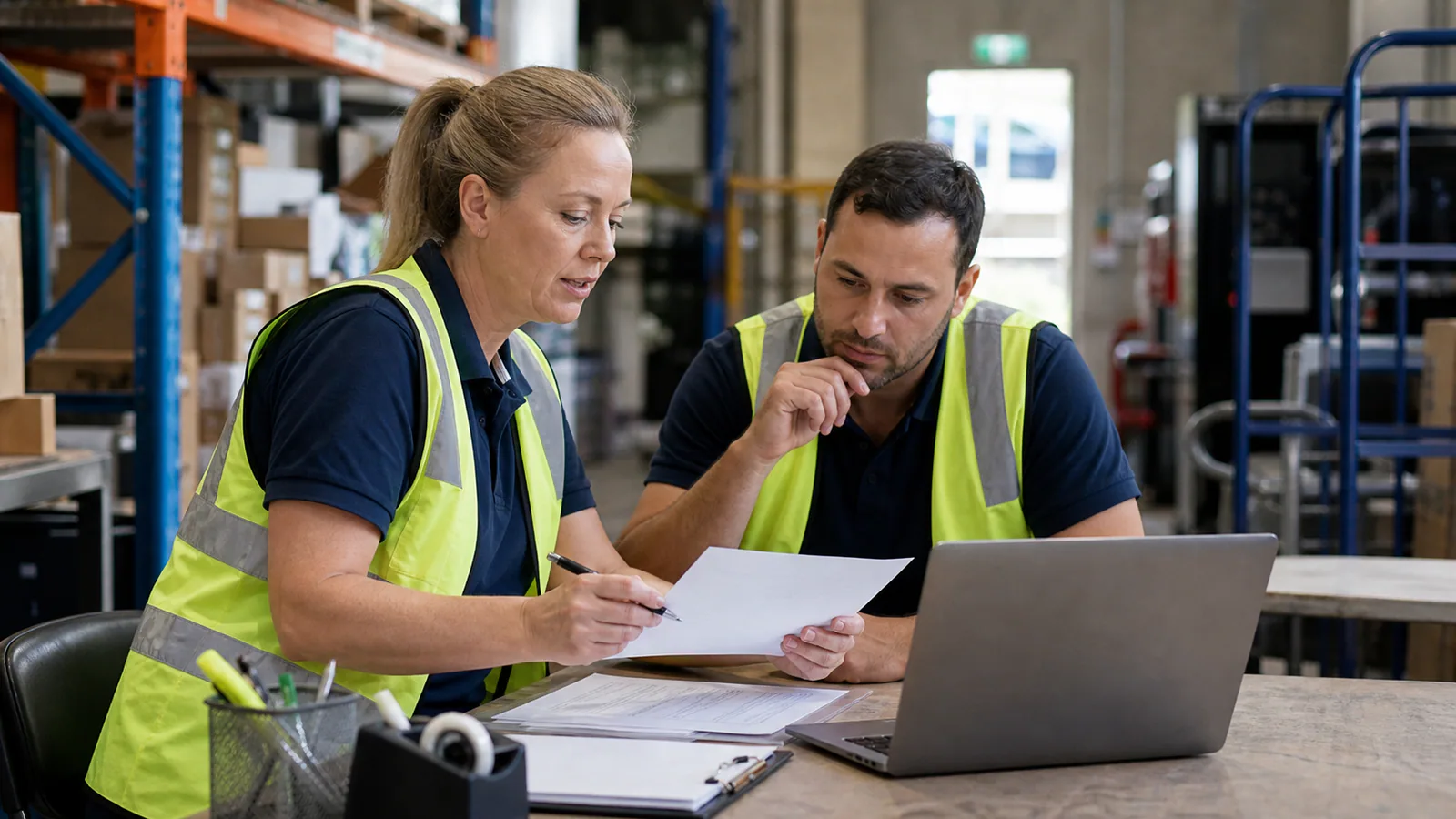 Illustrative editorial scene of a worker and supervisor comparing available low-risk tasks with medical restrictions.