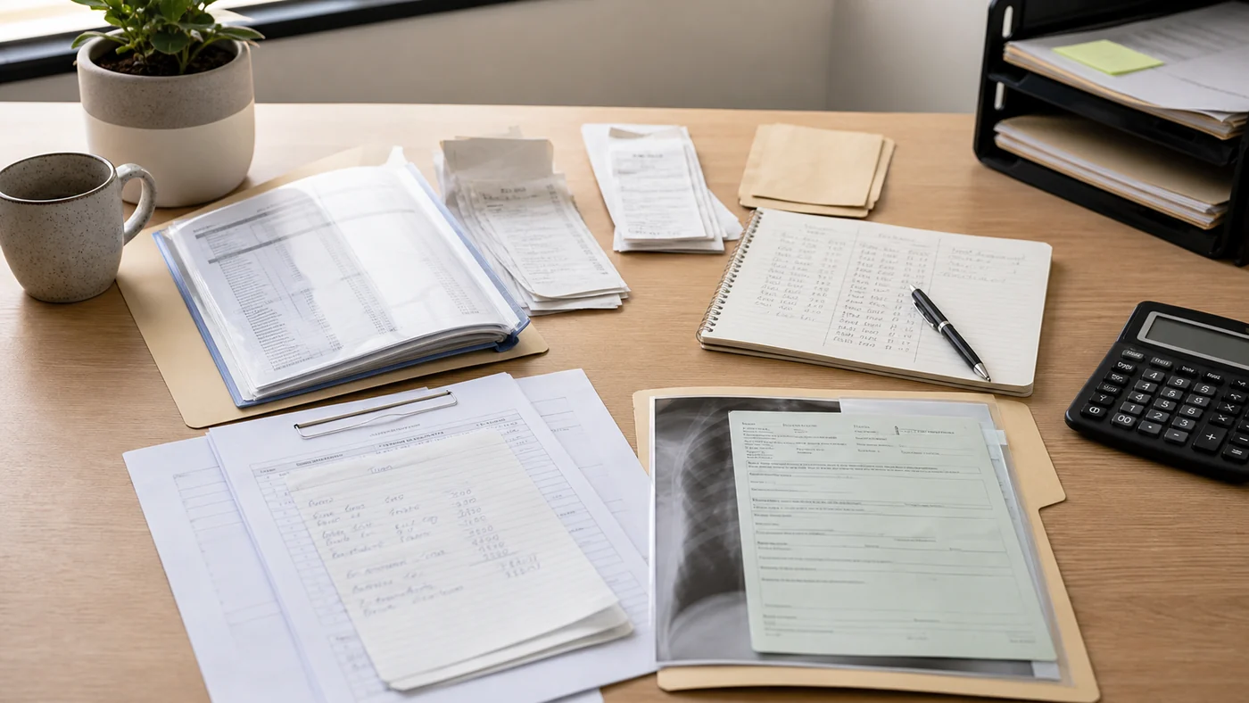 Document review scene for NSW workers compensation weekly payments involving cash job income records, work capacity material and insurer calculation documents.
