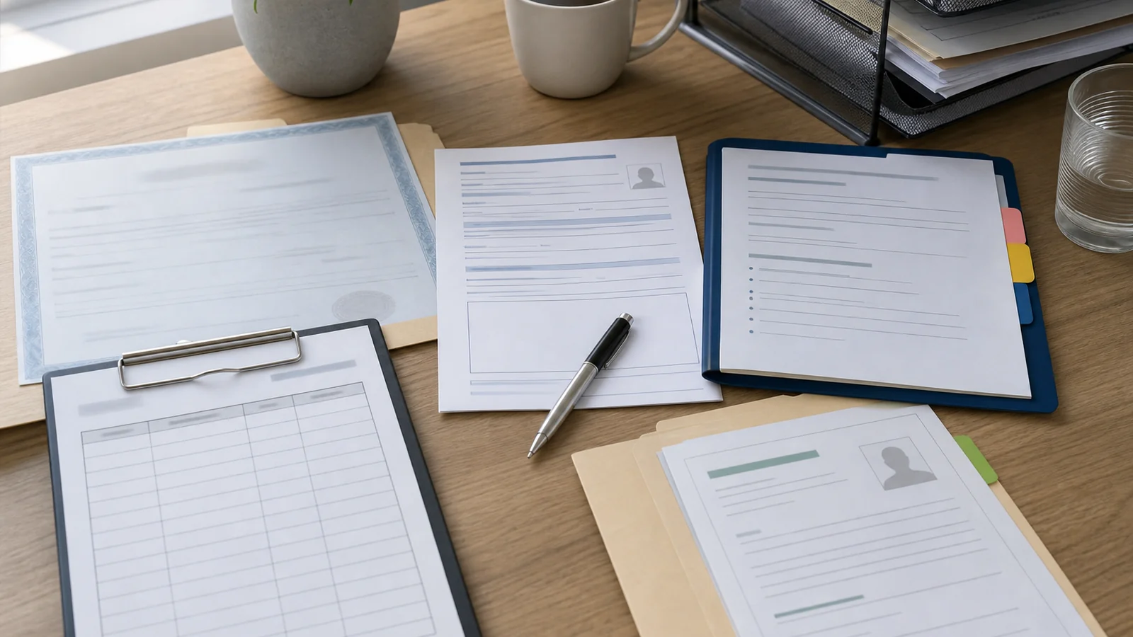 Certificate and provider evidence review with treating notes, capacity restrictions, allied health records, and insurer response material arranged without readable text.