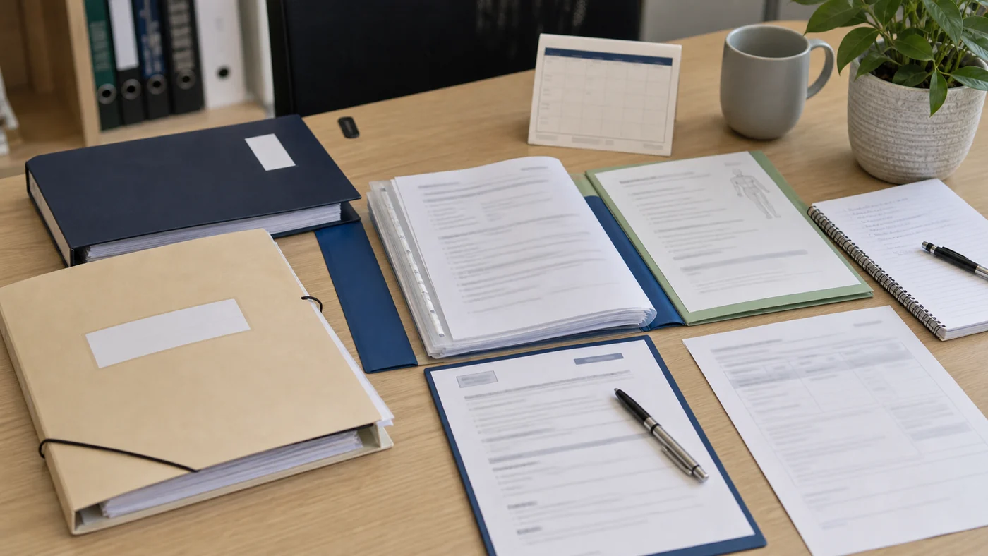 Workers compensation dispute materials being reviewed with insurer decision papers, medical records, wage evidence and chronology notes.