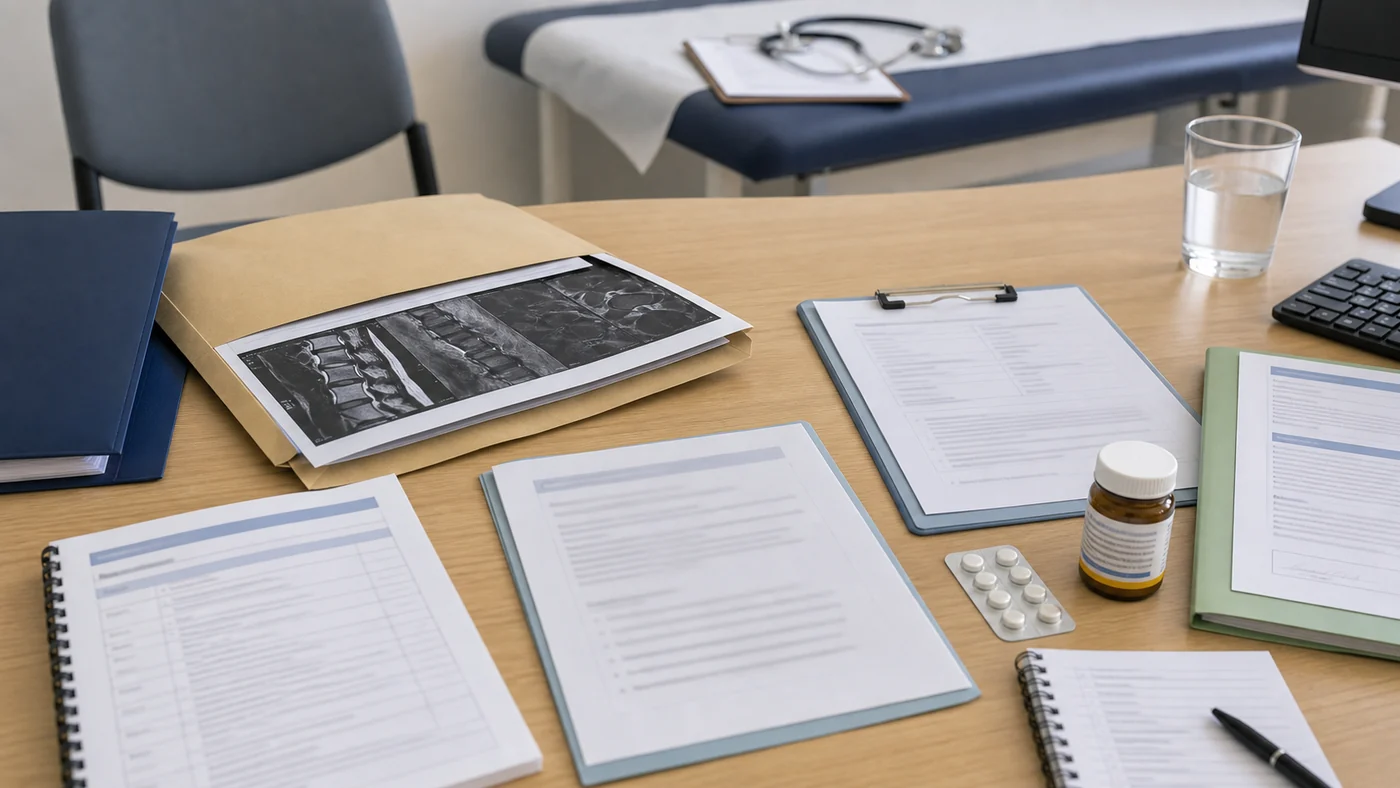 GP変更時の証明書、診療記録、紹介状、保険会社書類、就労能力タイムラインをつなぐ証拠引き継ぎ図。