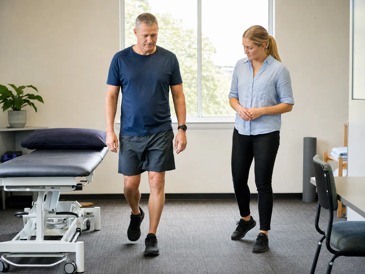 A physiotherapist observing a worker walking during a lower-limb assessment.