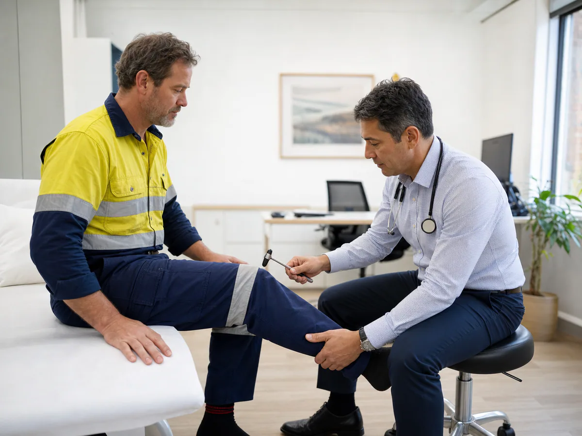 A doctor checking a worker’s reflexes during a neurological assessment.