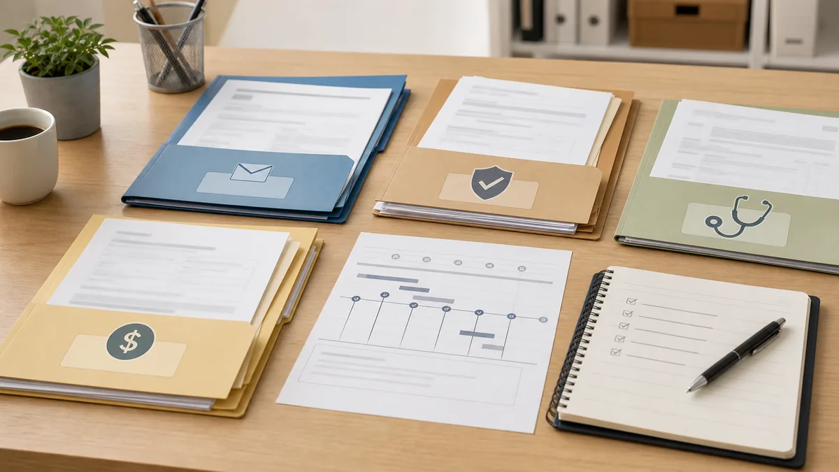 NSW workers compensation insurer directory evidence review with insurer decision documents, claim numbers, medical material, and response pathway records arranged without readable text.
