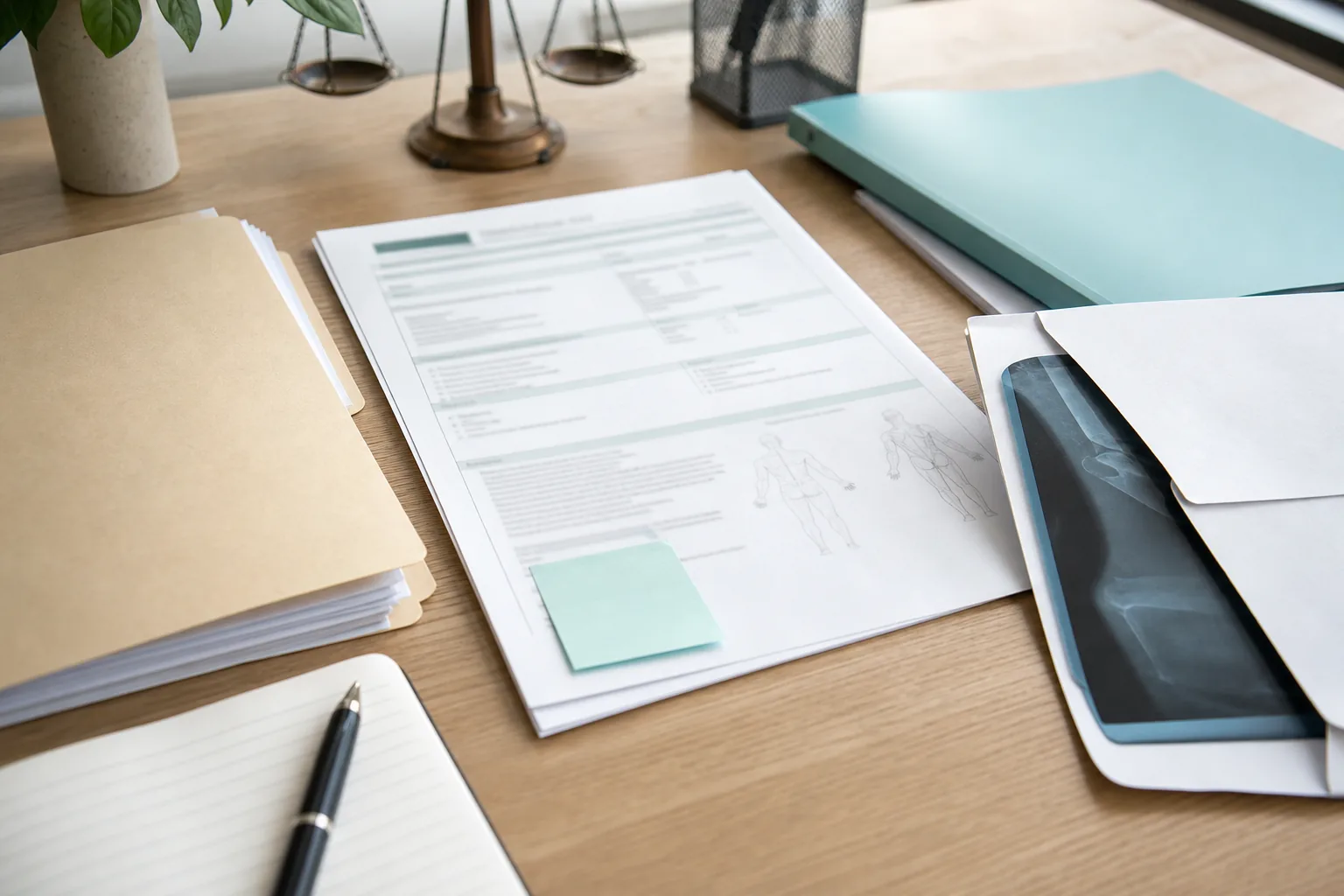 Medical expenses evidence review with treatment request, clinical reasons, receipts, certificate of capacity, and insurer decision papers.