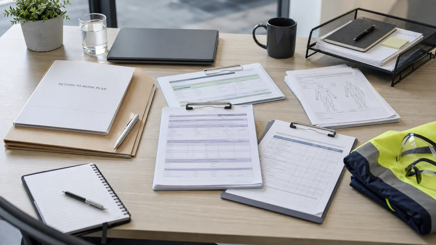 Injured worker, employer and workplace rehabilitation provider reviewing suitable duties and medical restrictions