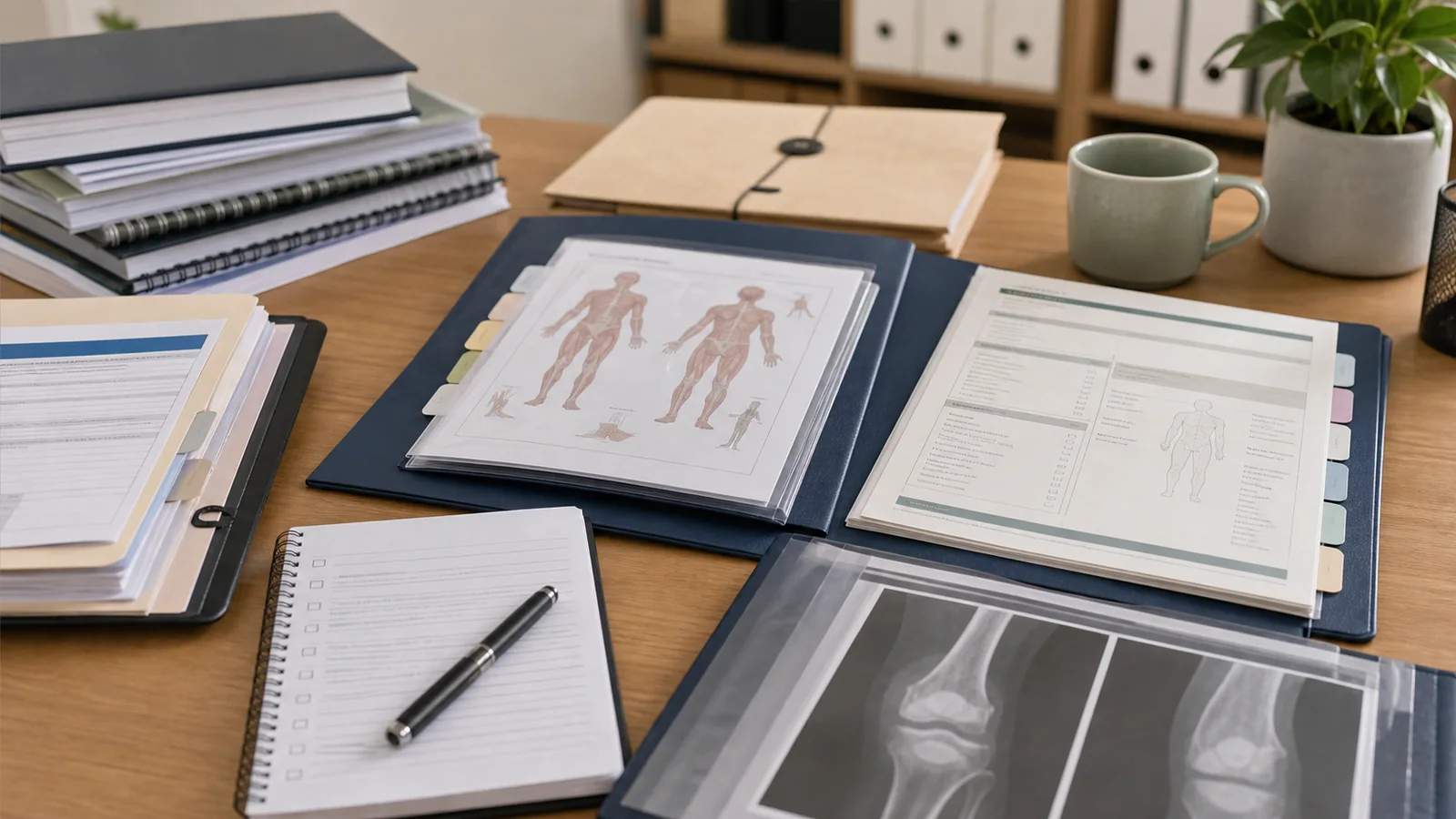 Whole person impairment evidence review with specialist assessment material, imaging folder, medical reports, and insurer decision documents arranged without readable text.