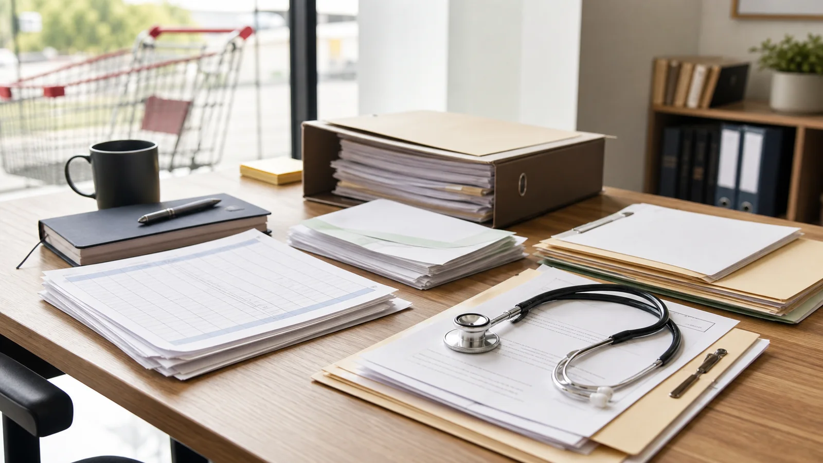 NSW self-insurer claim review desk with employer identity records, written decisions, medical evidence, wage records, and return-to-work documents.