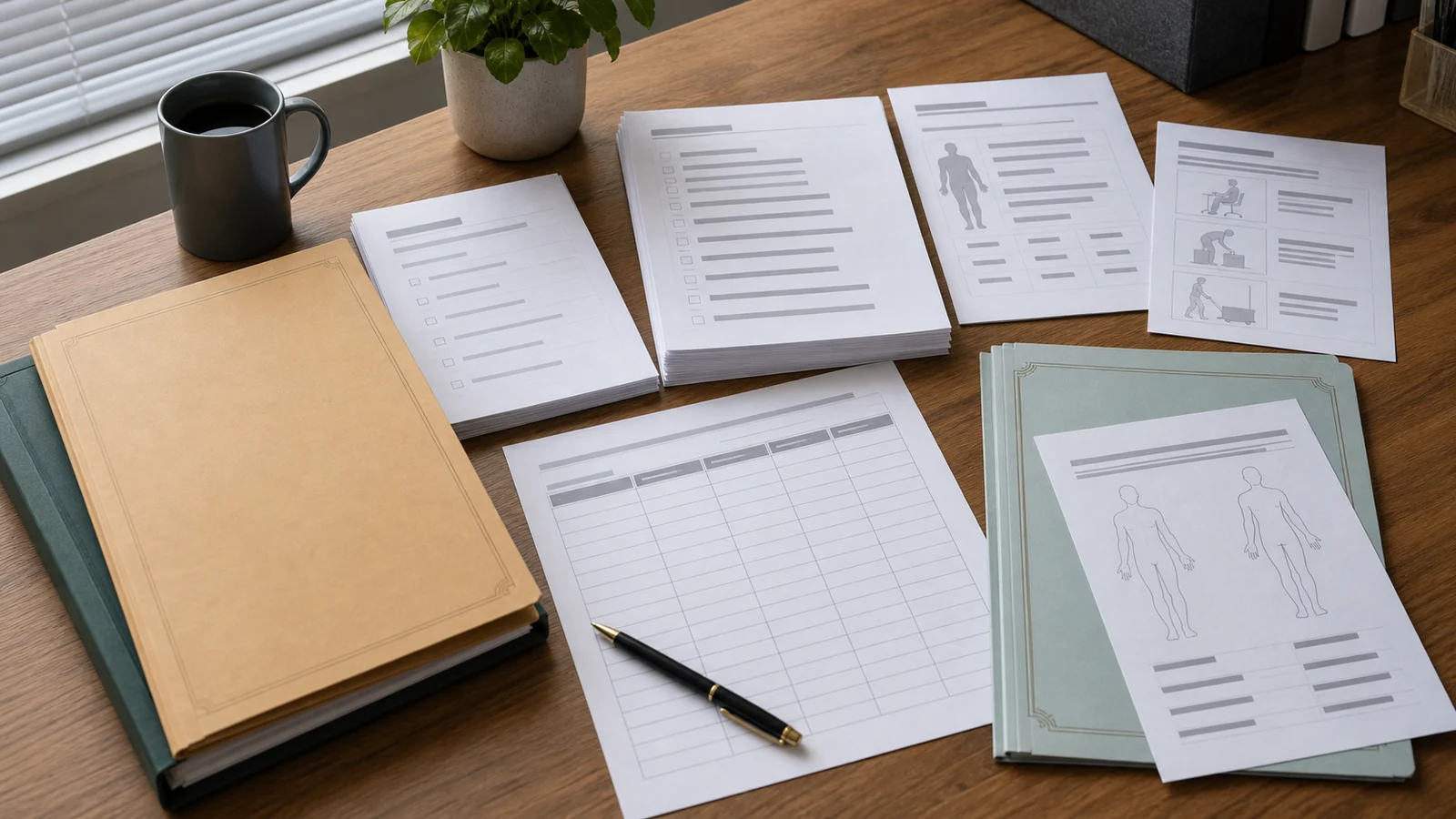 Suitable employment evidence review comparing medical restrictions, real job demands, duties material, wage assumptions, and review pathway documents without readable text.