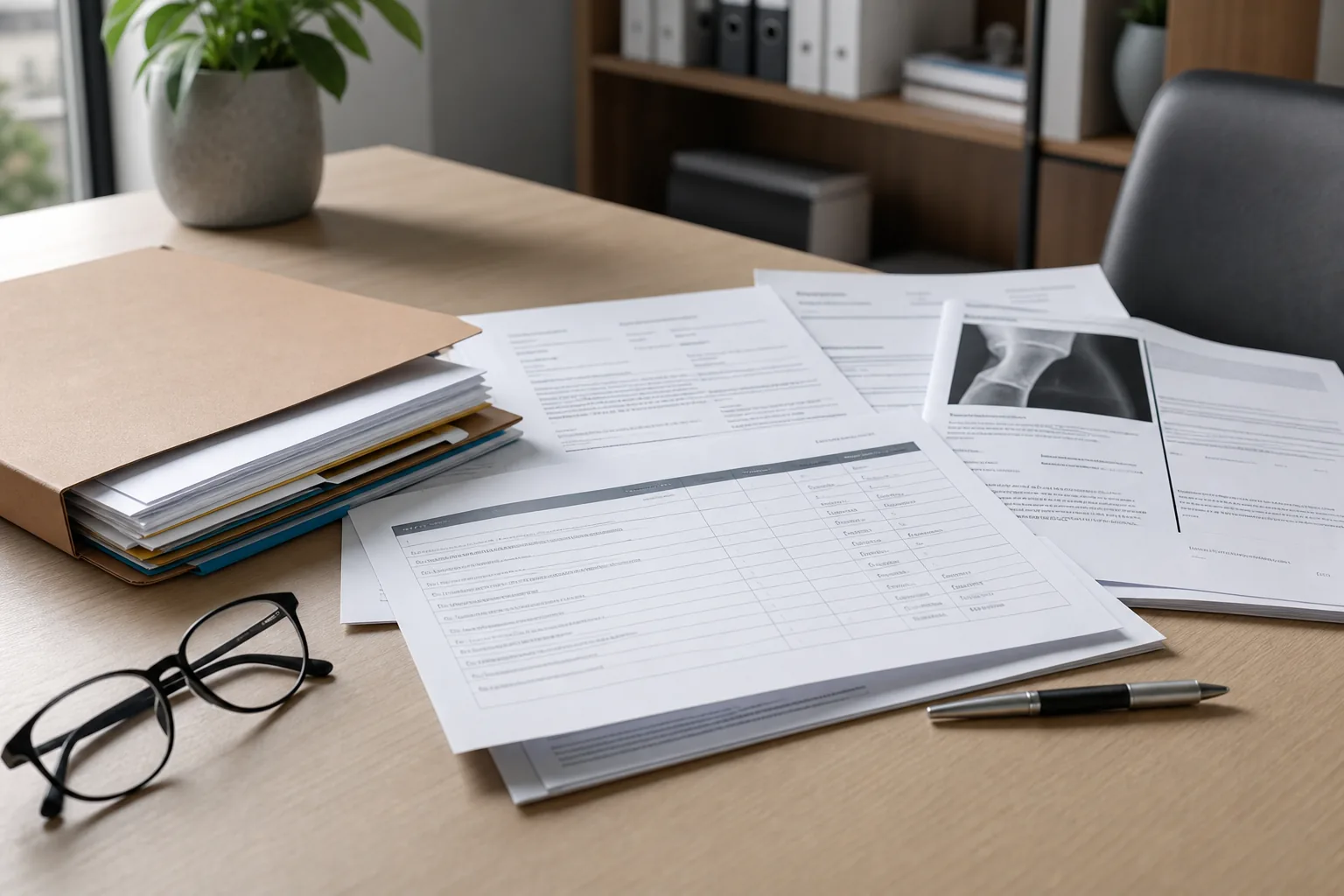 Work capacity review evidence with decision folder, review timing material, treating response, duties comparison papers, and wage records arranged without readable text.