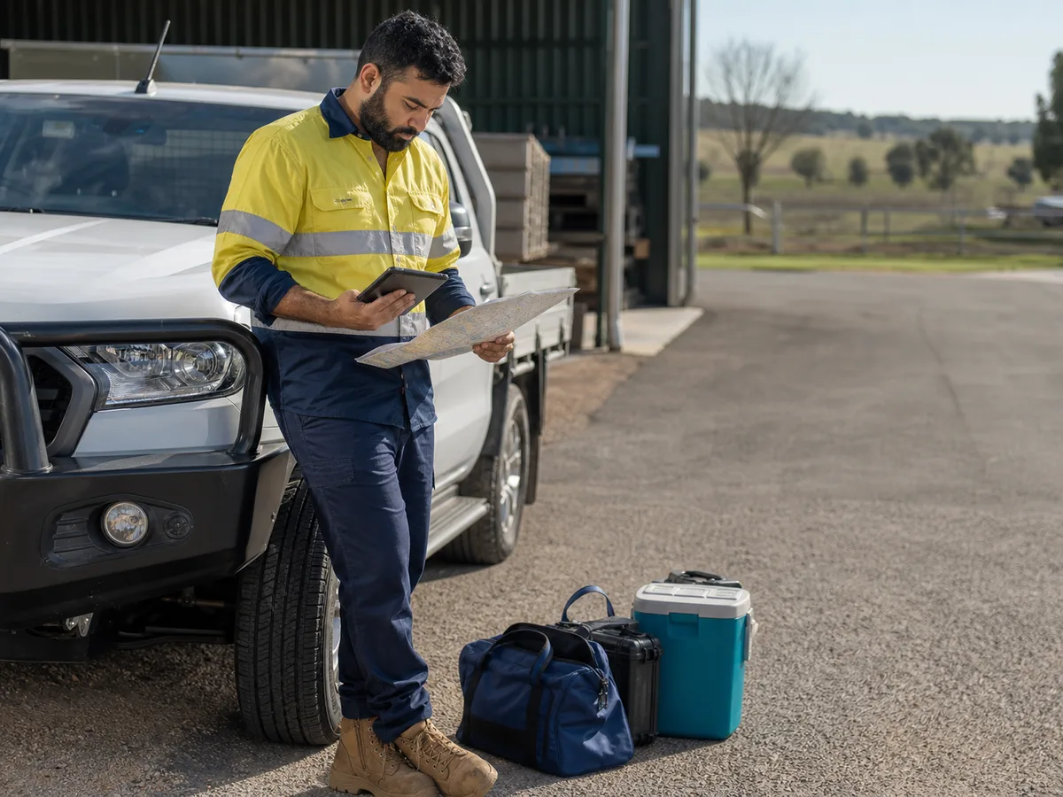 Australian transport worker at a depot reviewing route, assignment and work-base records beside an unbranded vehicle.