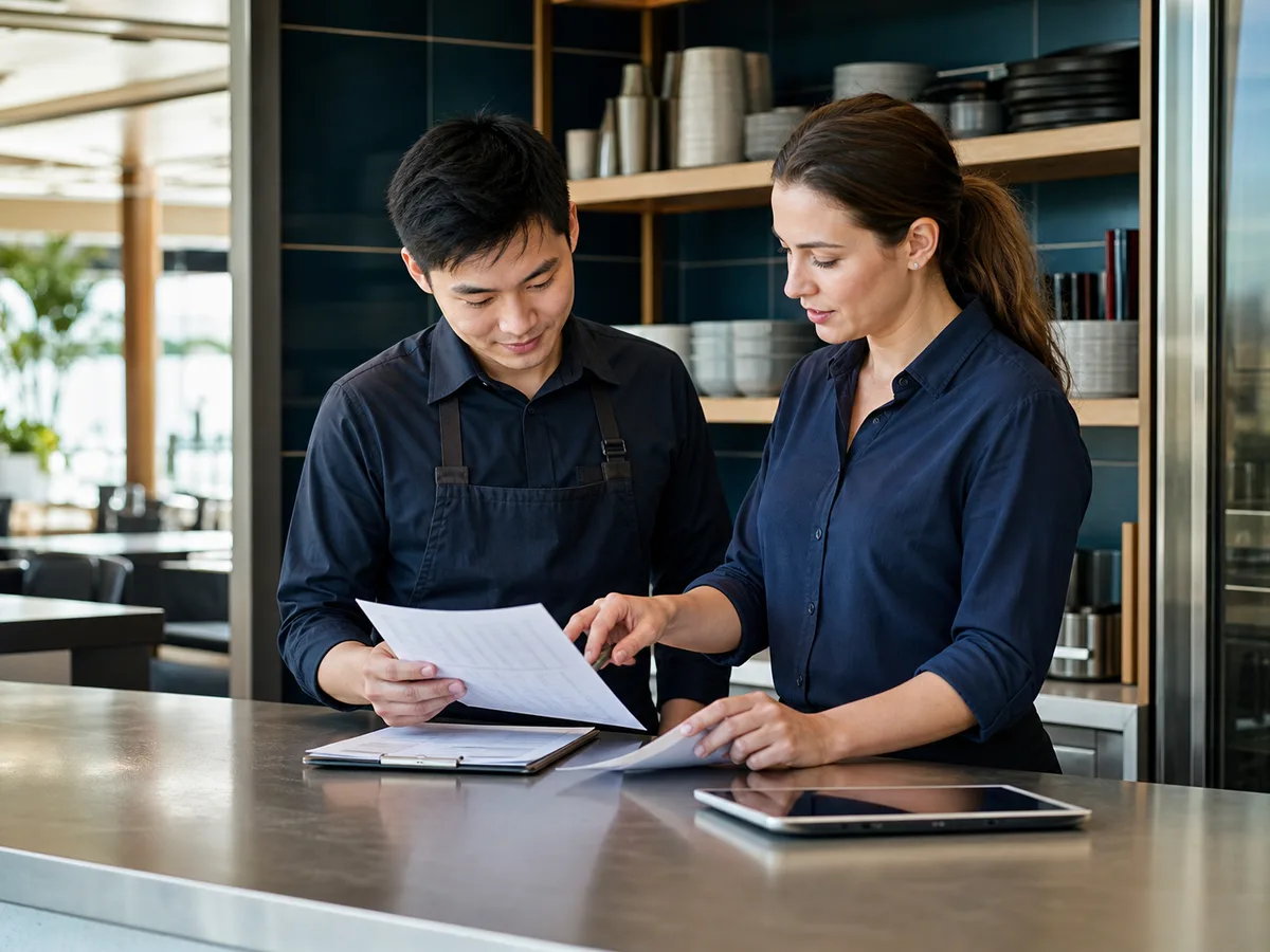 Diverse young worker in an Australian hospitality workplace reviewing roster and pay records with a supervisor, without branding or readable text.